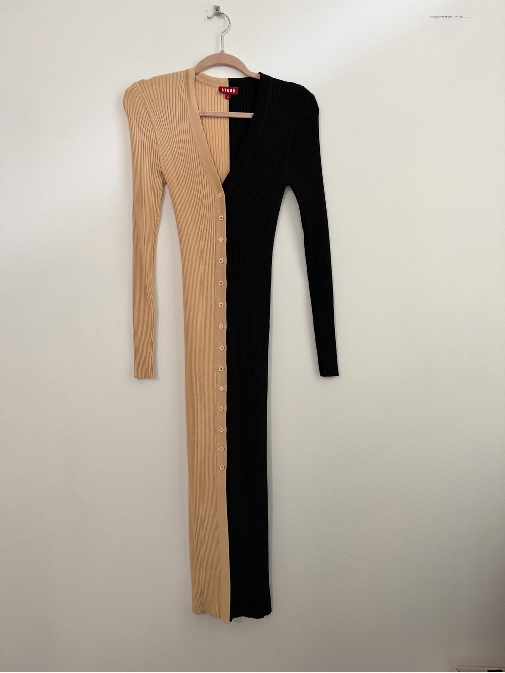 STAUD Two-Tone Ribbed Button-Front Maxi Dress in Beige and Black